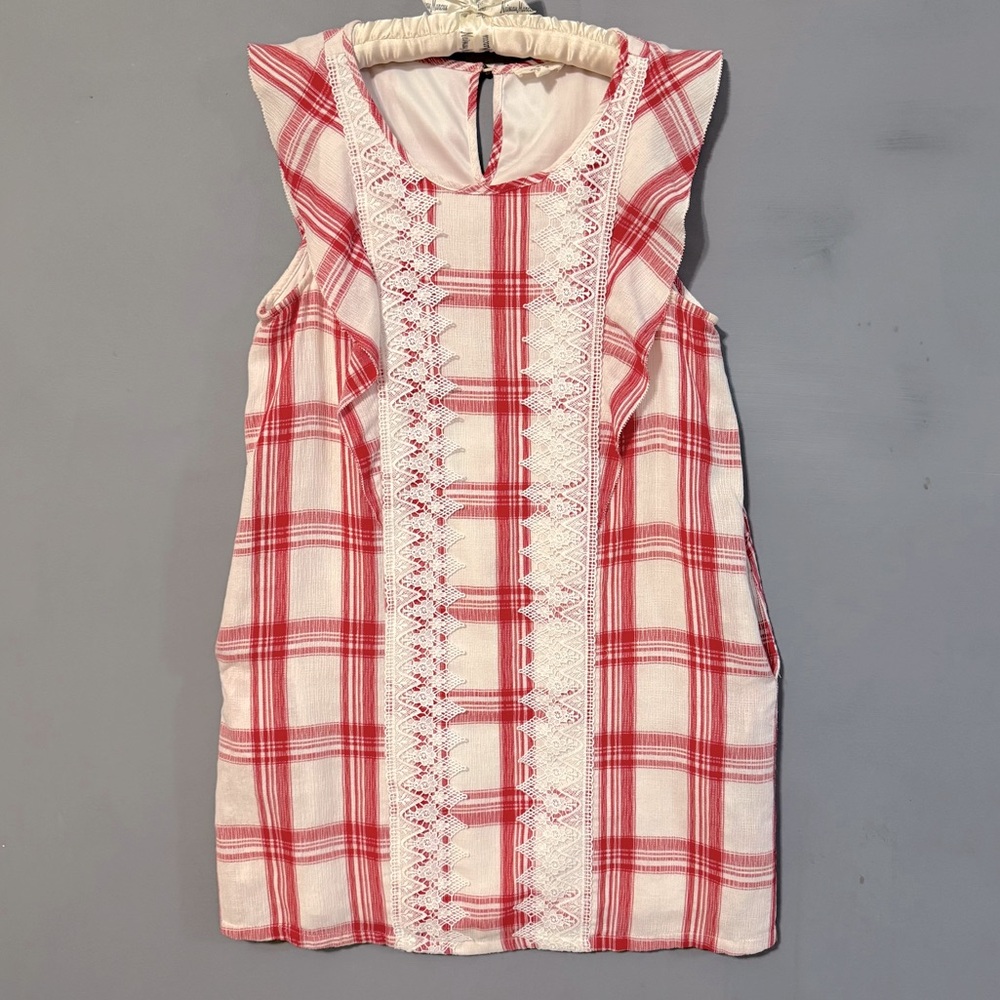 Entro Cotton Red & White Plaid Picnic Minidress Lace Accent & Pockets Small